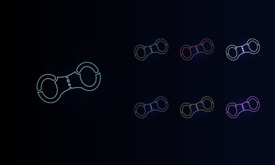 A set of neon handcuffs symbols. Set of different color symbols, faint neon glow. Vector illustration on black background