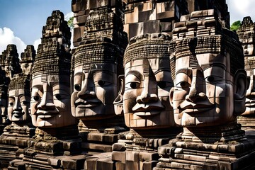 Carved stone faces at Prasat Bayon temple ruins,
