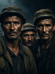 Fototapeta premium Weathered Romanian coal miners toil away in the depths of a dark and foreboding mine