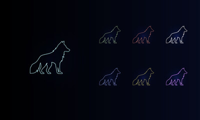 A set of neon wolf symbols. Set of different color symbols, faint neon glow. Vector illustration on black background