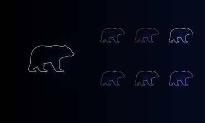 A set of neon bear symbols. Set of different color symbols, faint neon glow. Vector illustration on black background