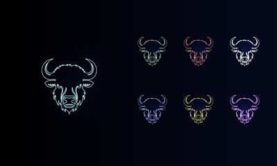 A set of neon buffalo heads. Set of different color symbols, faint neon glow. Vector illustration on black background