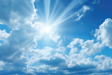 Naklejka na ściany i meble Blue sky background with tiny clouds and sun rays. Copy space.
