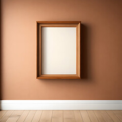 A single empty frame in a rustic wooden finish, propped on a floating shelf on a warm-toned terracotta wall in a room with textured cream walls and a hardwood floor in a light oak color.

