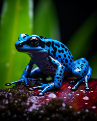 Obraz premium A vibrant blue poison dart frog in a lush forest floor setting, covered in dew drops, cool ambient light, shallow depth of field