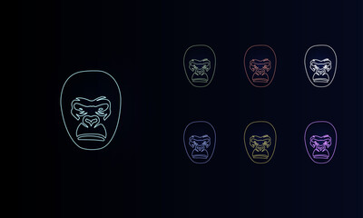 A set of neon gorilla heads. Set of different color symbols, faint neon glow. Vector illustration on black background