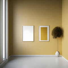 Two empty frames in a sleek chrome finish, mounted vertically on a warm-toned mustard yellow wall in a room with textured beige walls and a polished concrete floor in a medium grey shade.

 - obrazy, fototapety, plakaty