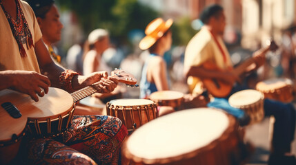 A group of musicians playing traditional folk instruments during a lively street parade, Ethnic Folk, blurred background - obrazy, fototapety, plakaty