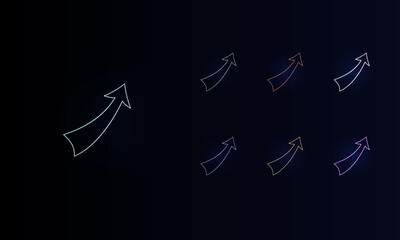 A set of neon up arrows. Set of different color symbols, faint neon glow. Vector illustration on black background