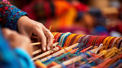 A close-up of hands expertly weaving a colorful ethnic folk rug, Ethnic Folk, blurred background - obrazy, fototapety, plakaty