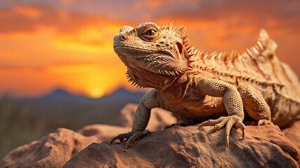 Obraz premium Desert landscape at sunset, featuring a horned lizard in striking pose on a rock, rich textures, golden hour