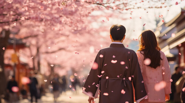 Couple At A Cherry Blossom Festival In Japan, Petals Falling, Both Wearing Kimonos, Soft Focus, Shallow Depth Of Field, Late Afternoon