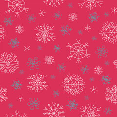 Snowflake pattern. New Year, Christmas decor. Drawings, doodles. Winter vector illustration, seamless background. For holiday packaging, textiles, wallpaper.