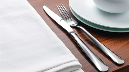 A close-up view of a stylish cutlery set with wooden handles, ideal for elegant dining experiences.