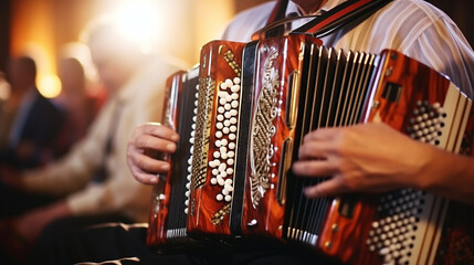 A close-up of hands playing ethnic folk musical instruments like the accordion or bagpipes, Ethnic Folk, blurred background - obrazy, fototapety, plakaty