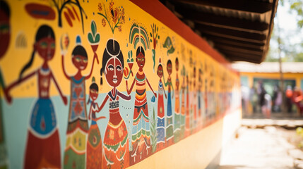 Vibrant ethnic folk paintings on the walls of a community center, telling stories of cultural heritage, Ethnic Folk, blurred background