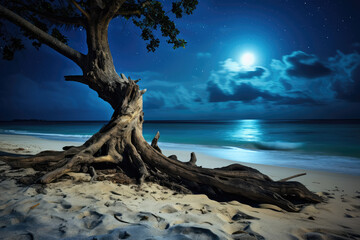 Beautiful tropical beach at night with big tree and full moon.