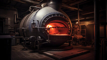 a gas - fired kiln, focusing on the intricacies of the burner and control panel, indoors, in an industrial setting