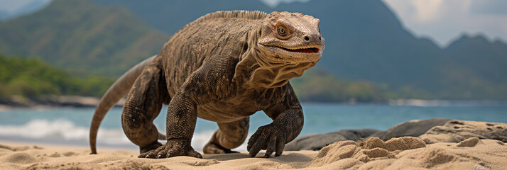 Komodo dragon on a beach, walking toward the camera, waves in the background