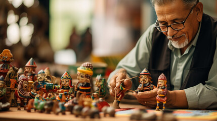 A local artisan demonstrating the art of hand-painted ethnic folk wooden figurines, Ethnic Folk, blurred background - obrazy, fototapety, plakaty