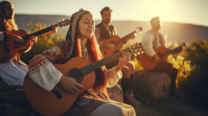 A group of people practicing traditional ethnic folk songs and harmonies in a picturesque countryside setting, Ethnic Folk, blurred background - obrazy, fototapety, plakaty