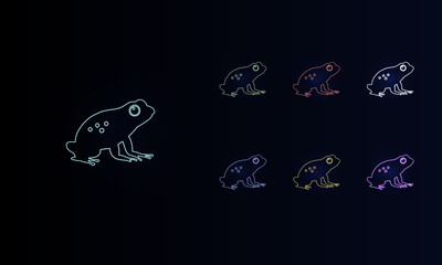 A set of neon frog symbols. Set of different color symbols, faint neon glow. Vector illustration on black background