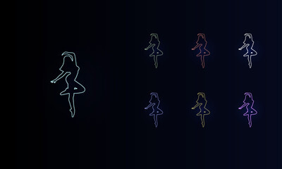 A set of neon ballerina symbols. Set of different color symbols, faint neon glow. Vector illustration on black background