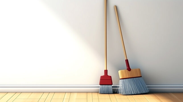 A tidy broom leaning against a wall, ready for household cleaning tasks, and well-organized space.
