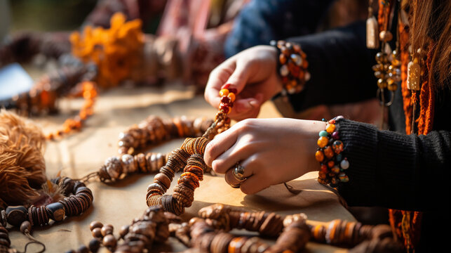 A close-up of hands meticulously creating ethnic folk-inspired jewelry from natural materials, Ethnic Folk, blurred background