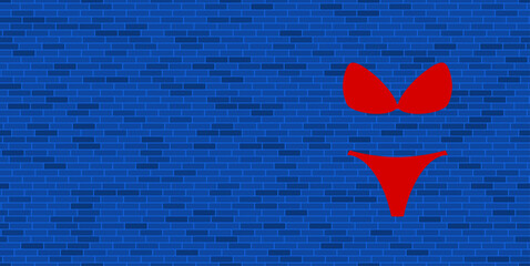Blue Brick Wall with large red bikini symbol. The symbol is located on the right, on the left there is empty space for your content. Vector illustration on blue background