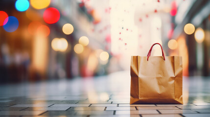 Shopping bag with bokeh background. Christmas and New Year concept.