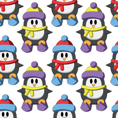 Seamless pattern with Cute Penguin with skiing