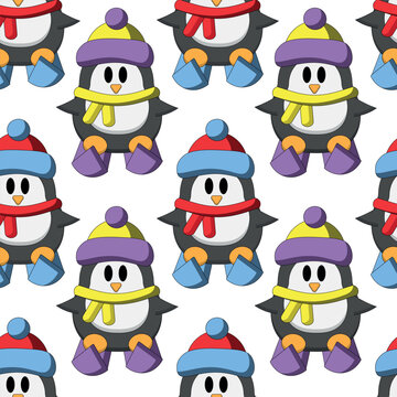 Seamless pattern with Cute Penguin with skiing