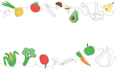 Simple outline and colored frame with Fruits, Vegetables and empty space for text. Vector Background. One line art Style. Frame with organic food. Can be also used like Banner, Flyer, Texture