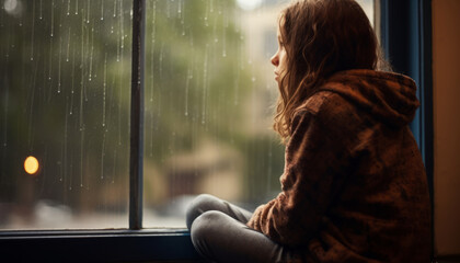 Sad child silhouette, rain, deep thoughts, loneliness, longing, fear. Palpable sadness