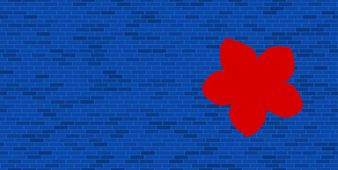 Blue Brick Wall with large red forget-me-not flower. The symbol is located on the right, on the left there is empty space for your content. Vector illustration on blue background