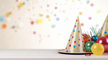 A colorful party hat with polka dots and streamers.