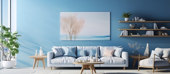 a design house living room with white and blue color scheme