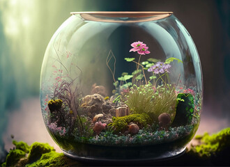 Glasterrarium mit bunten Blumen und Bl&uuml;ten vor einem unscharfen Hintergrund.