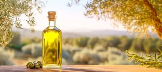 Fototapeten A pristine glass bottle filled with golden, organic olive oil, a quintessential Mediterranean ingredient for a healthy, vegetarian diet. © EdNurg