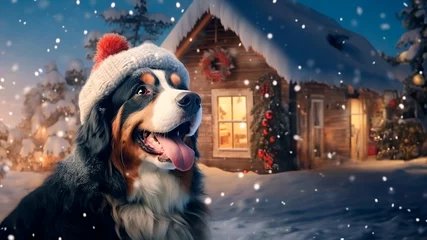 Fotobehang Close-up portrait of a tri-colored BERNSKY shepherd dog wearing a red Santa Claus hat against the backdrop of winter snowy landscape and a Christmas village. © Maria Moroz