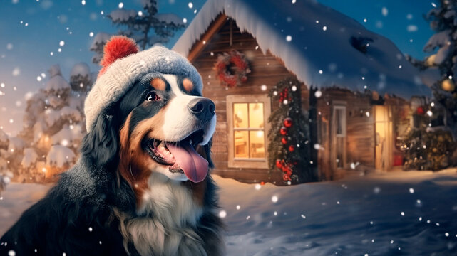 Close-up portrait of a tri-colored BERNSKY shepherd dog wearing a red Santa Claus hat against the backdrop of winter snowy landscape and a Christmas village.