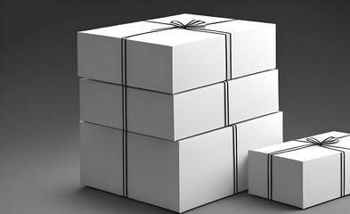 Obraz premium Various cardboard boxes for delivery, Christmas design, realistic decorative items, birthday, anniversary, surprise poster, wedding. Banner, flyer and brochure. holiday layout, generative artificial i