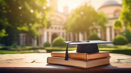 A mortarboard and graduation scroll on top of the books on university lawn