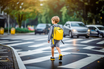 Road safety: Kid crossing a busy city street, highlighting the potential danger of accidents and...