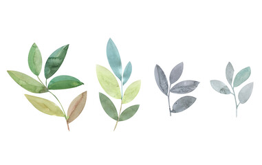 Watercolor set of green leaves, green blue twigs of leaves, summer greenery, isolated on white background