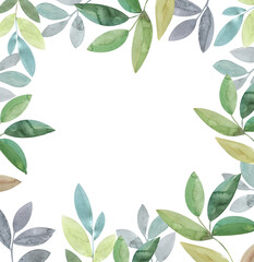 Watercolor square frame of green leaves, green blue twigs of leaves, eco summer greenery, isolated on white background