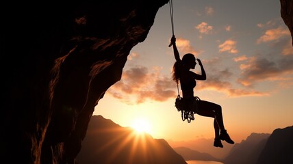 Female overhang rock climber silhouette wit Ai generated art