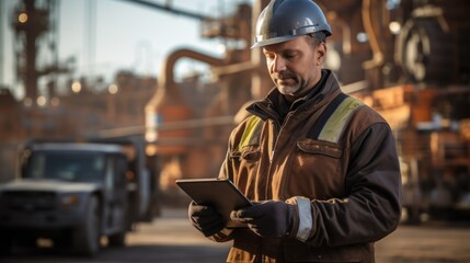 A candid shot of a factory worker in an oil refinery using a laptop computer for maintenance work.