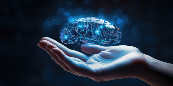 digital blue human brain in human hand